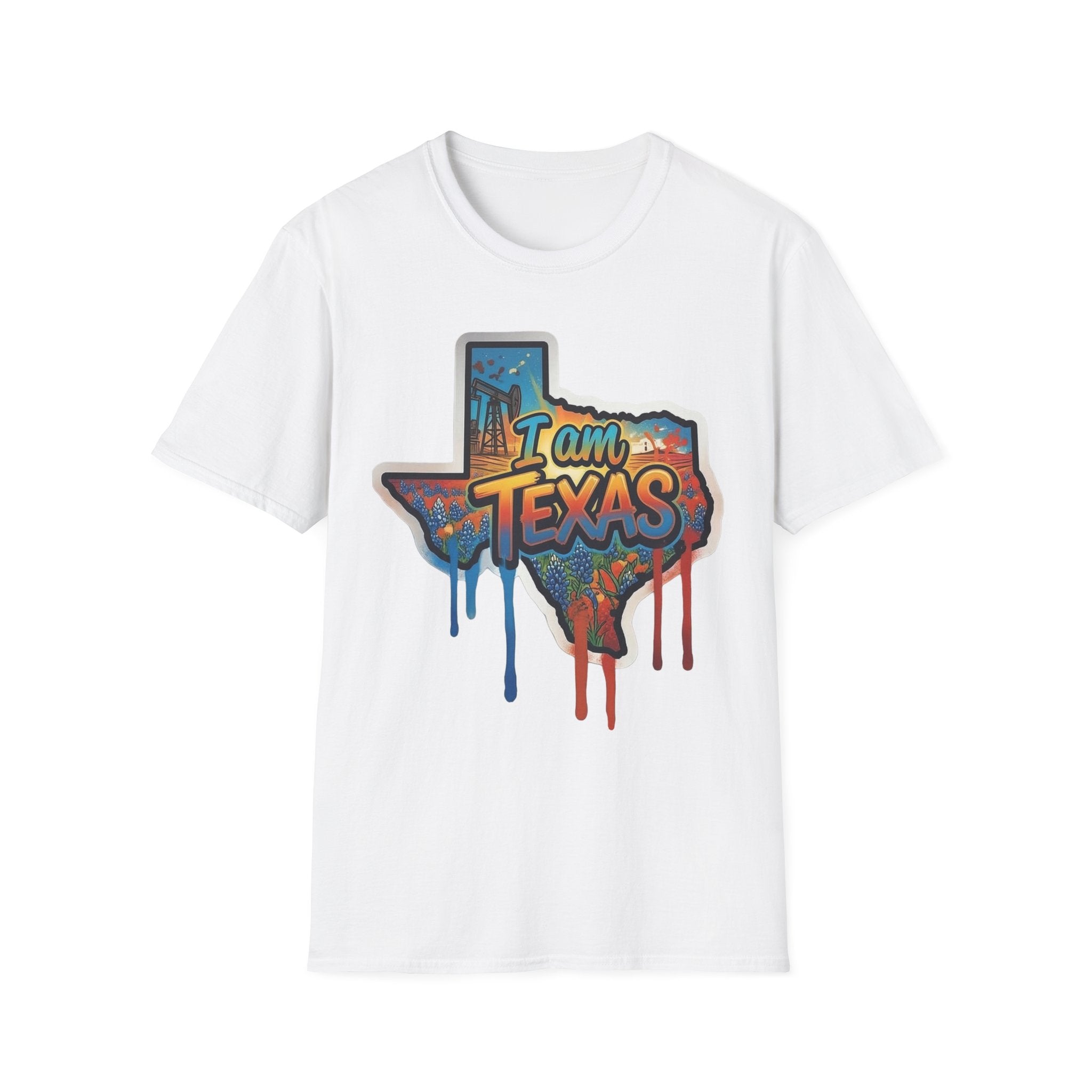 I Am Texas T-shirt (white) with graffiti state outline and skyline “I am Texas” print