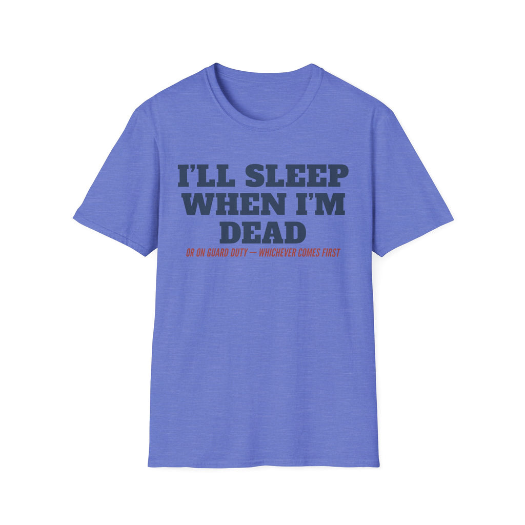 Royal blue crewneck T-shirt with front text graphic: “I'll Sleep When I'm Dead”
