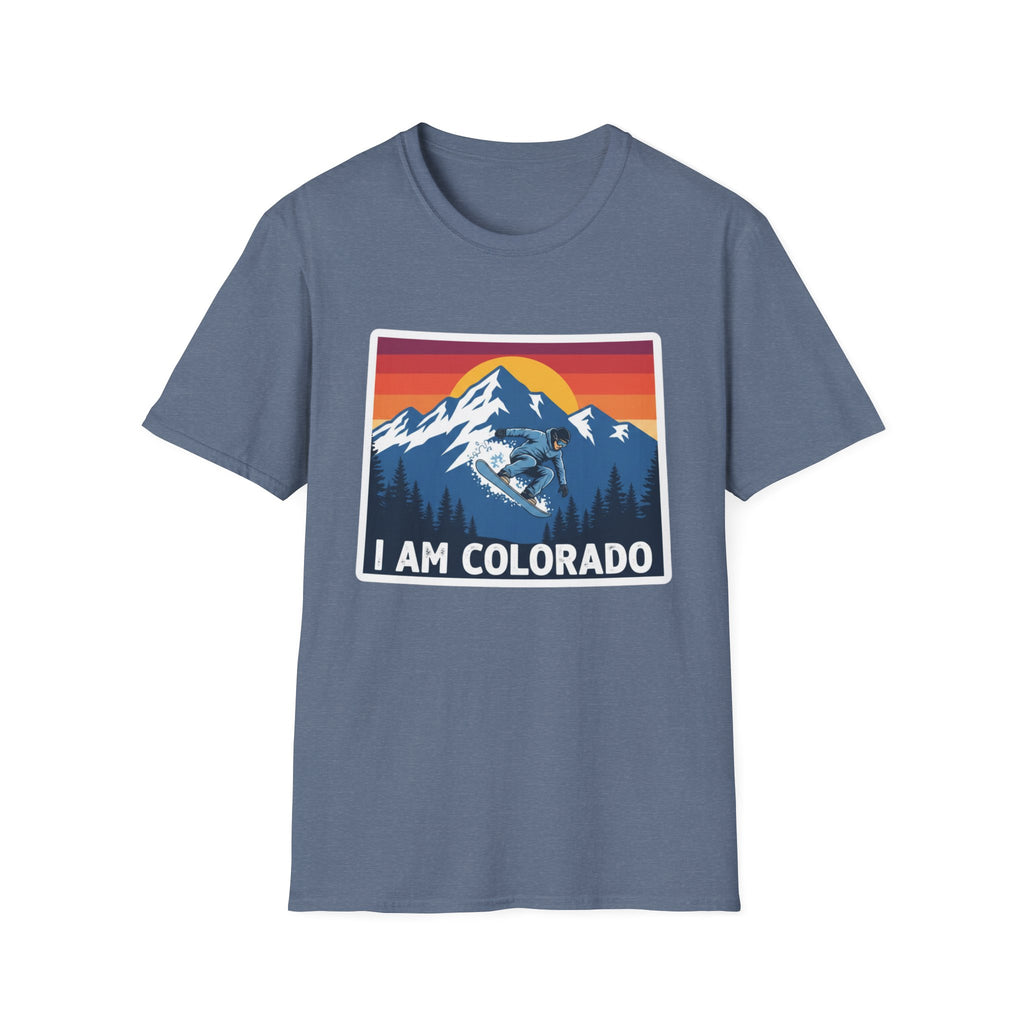 Denim blue T-shirt with “I AM COLORADO” mountain sunset graphic featuring a wolf and bear