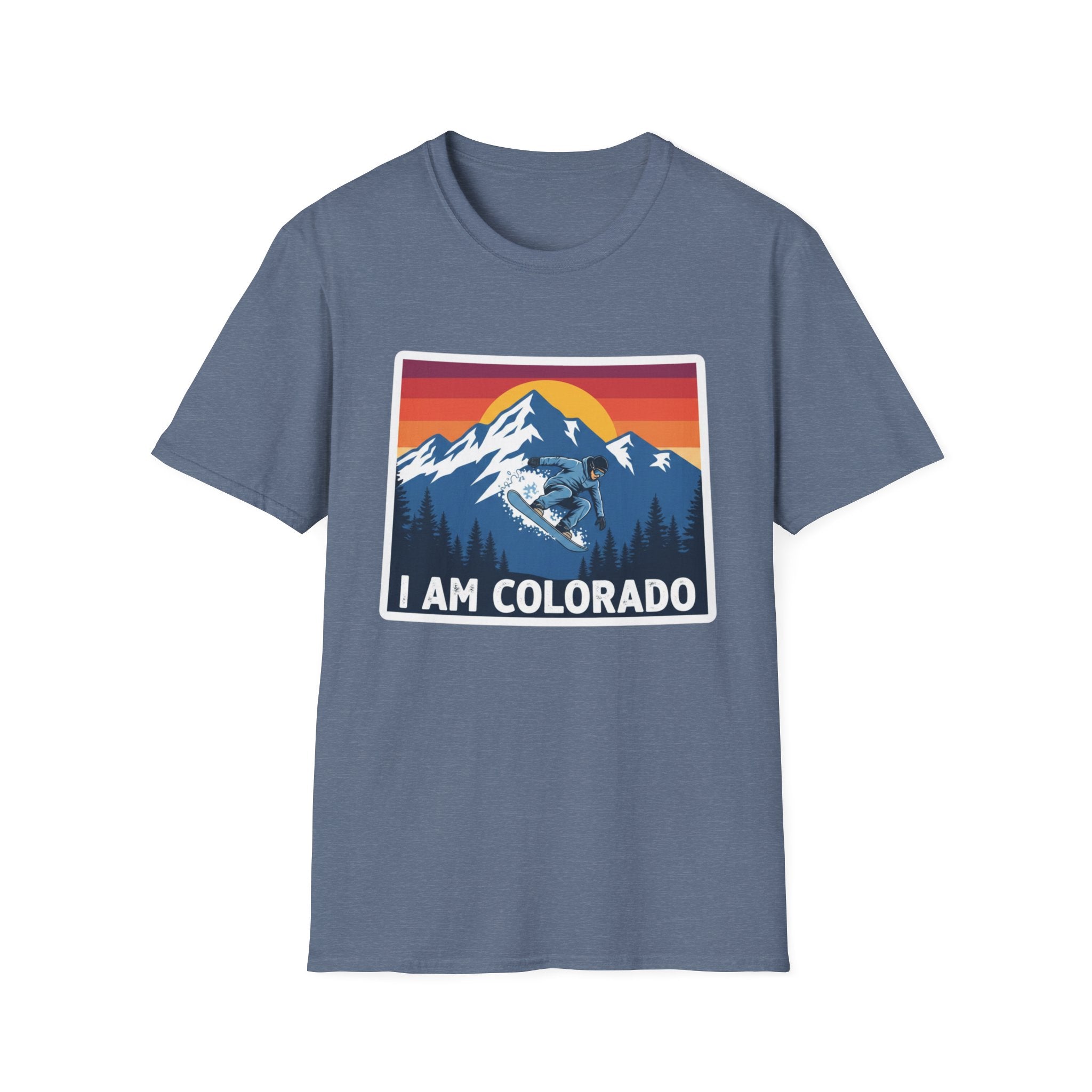 Denim blue T-shirt with “I AM COLORADO” mountain sunset graphic featuring a wolf and bear