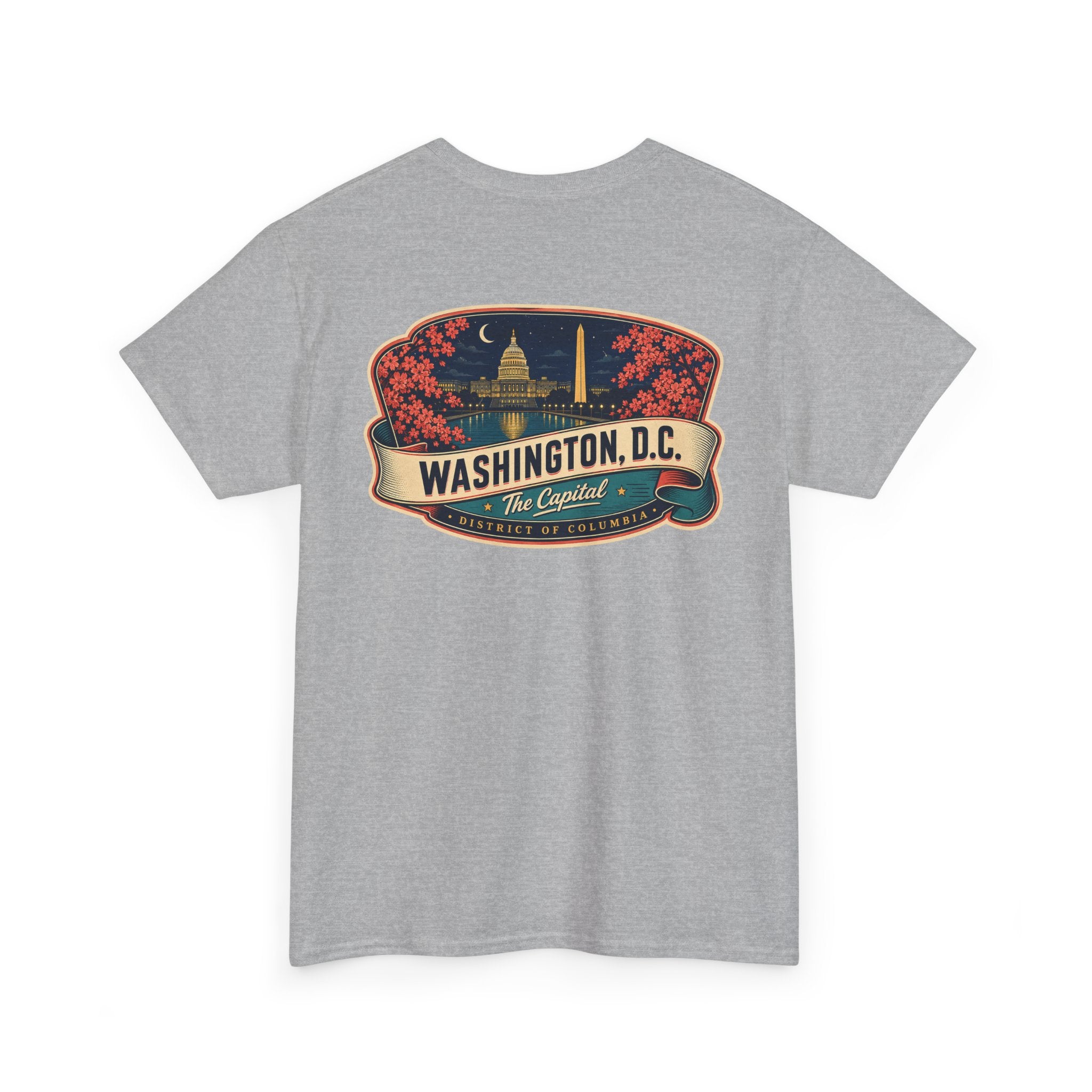Light grey T-shirt with large Washington, D.C. landmark badge graphic across the chest
