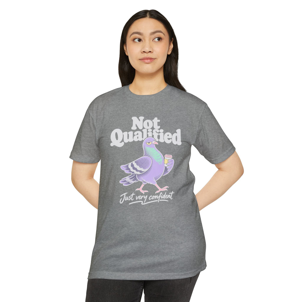 Gray crewneck T-shirt with colorful pigeon graphic and “Not Qualified” front