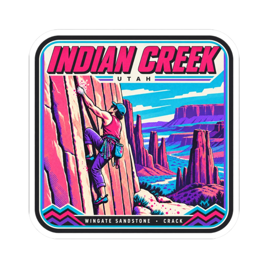 Square sticker with thick outline border, “INDIAN CREEK” title, and climber scene