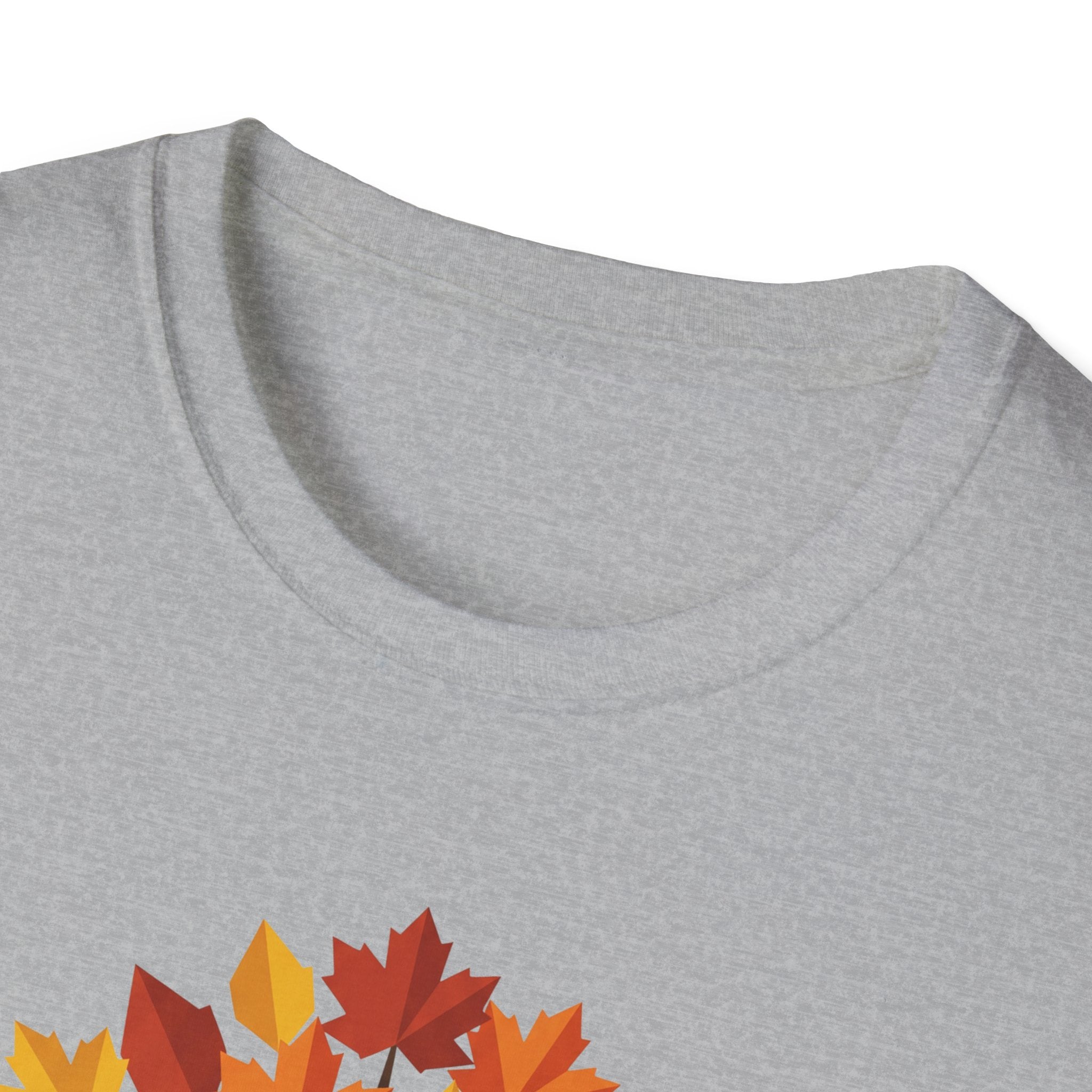 Autumn Maple Tree T-Shirt, sport grey crew neck; partial autumn leaves graphic