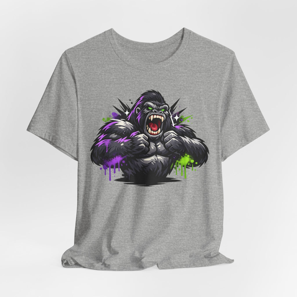 Dark gray unisex crew-neck tee featuring a roaring gorilla face graphic in purple and green.