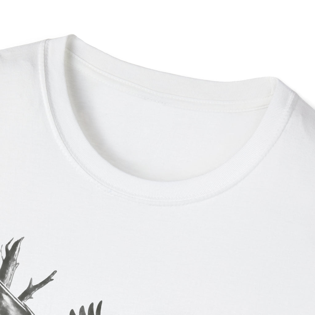 White crewneck T-shirt with ribbed collar and partial duck graphic print
