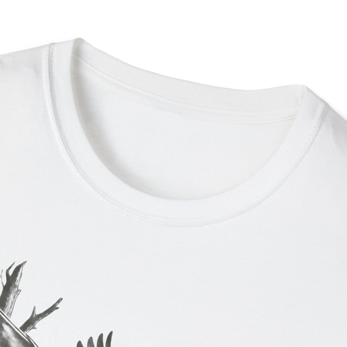 White crewneck T-shirt with ribbed collar and partial duck graphic print