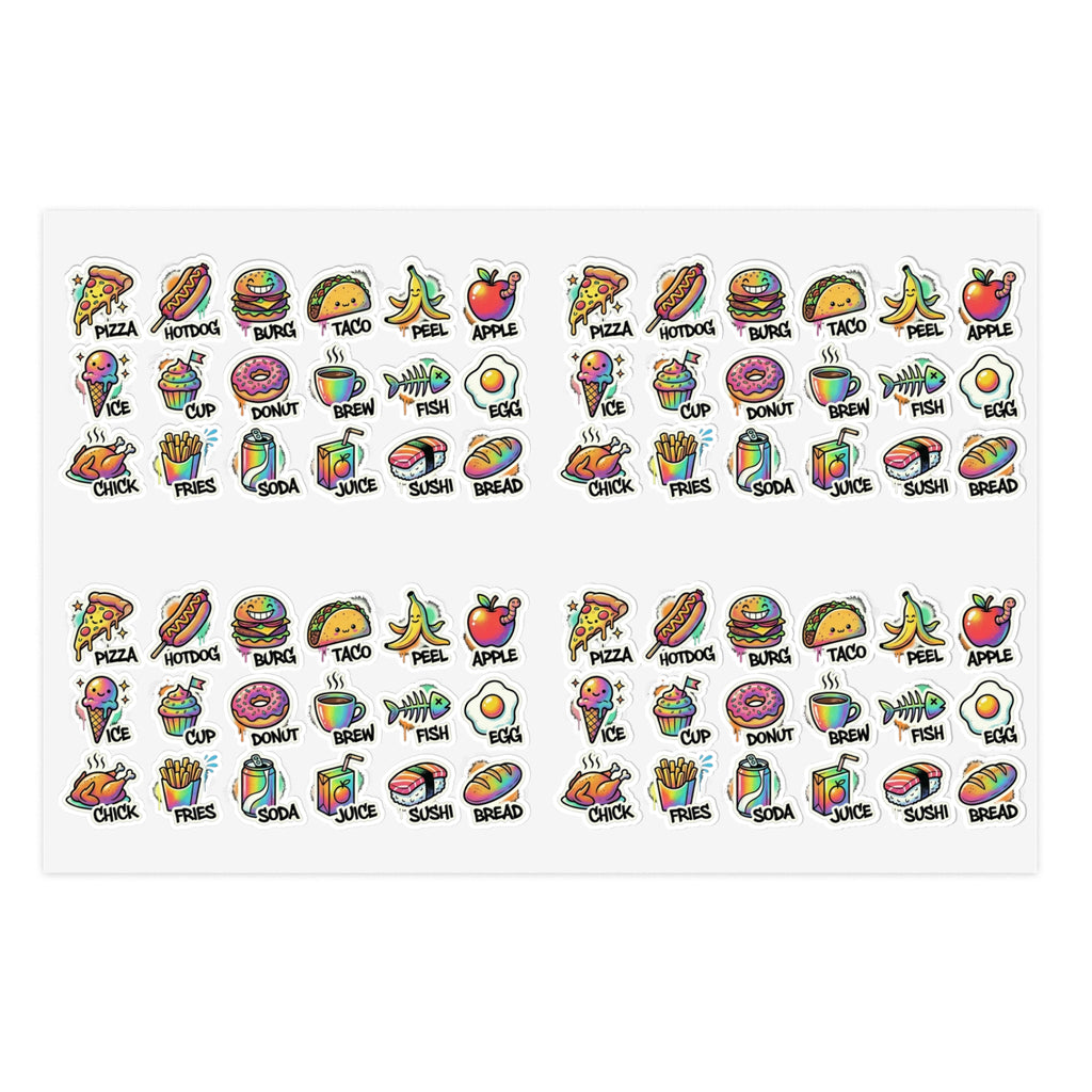 Food icon sticker sheet with mini pizza, taco, fruit, donuts, and other snack icons