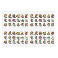 Food icon sticker sheet with mini pizza, taco, fruit, donuts, and other snack icons