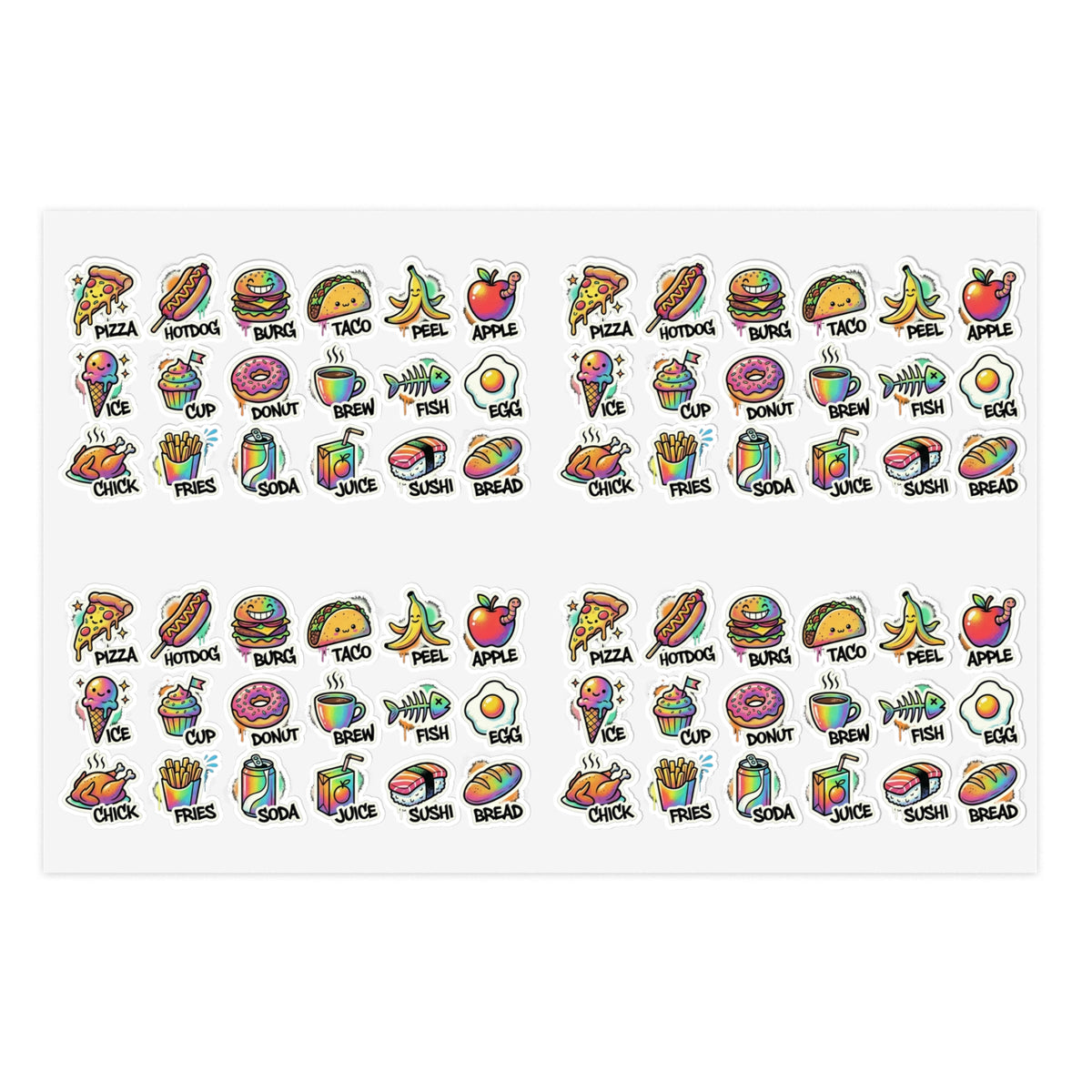 Food icon sticker sheet with mini pizza, taco, fruit, donuts, and other snack icons