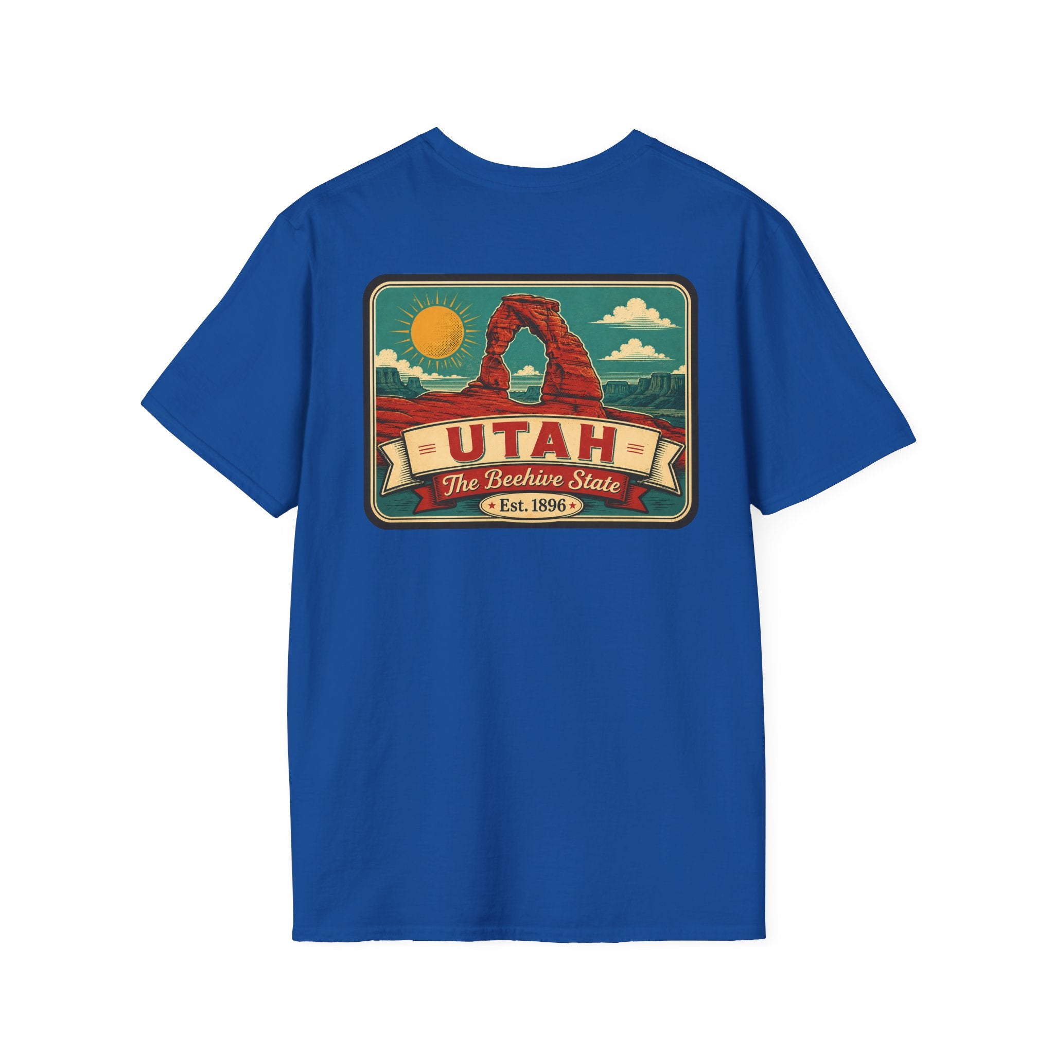 Royal blue crewneck T-shirt with Utah travel badge graphic on the front