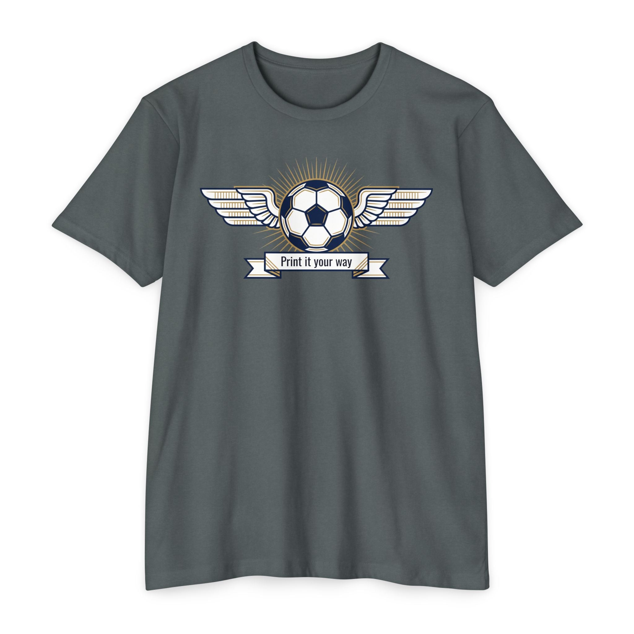 Dark gray soccer T-shirt with winged ball emblem and banner graphic