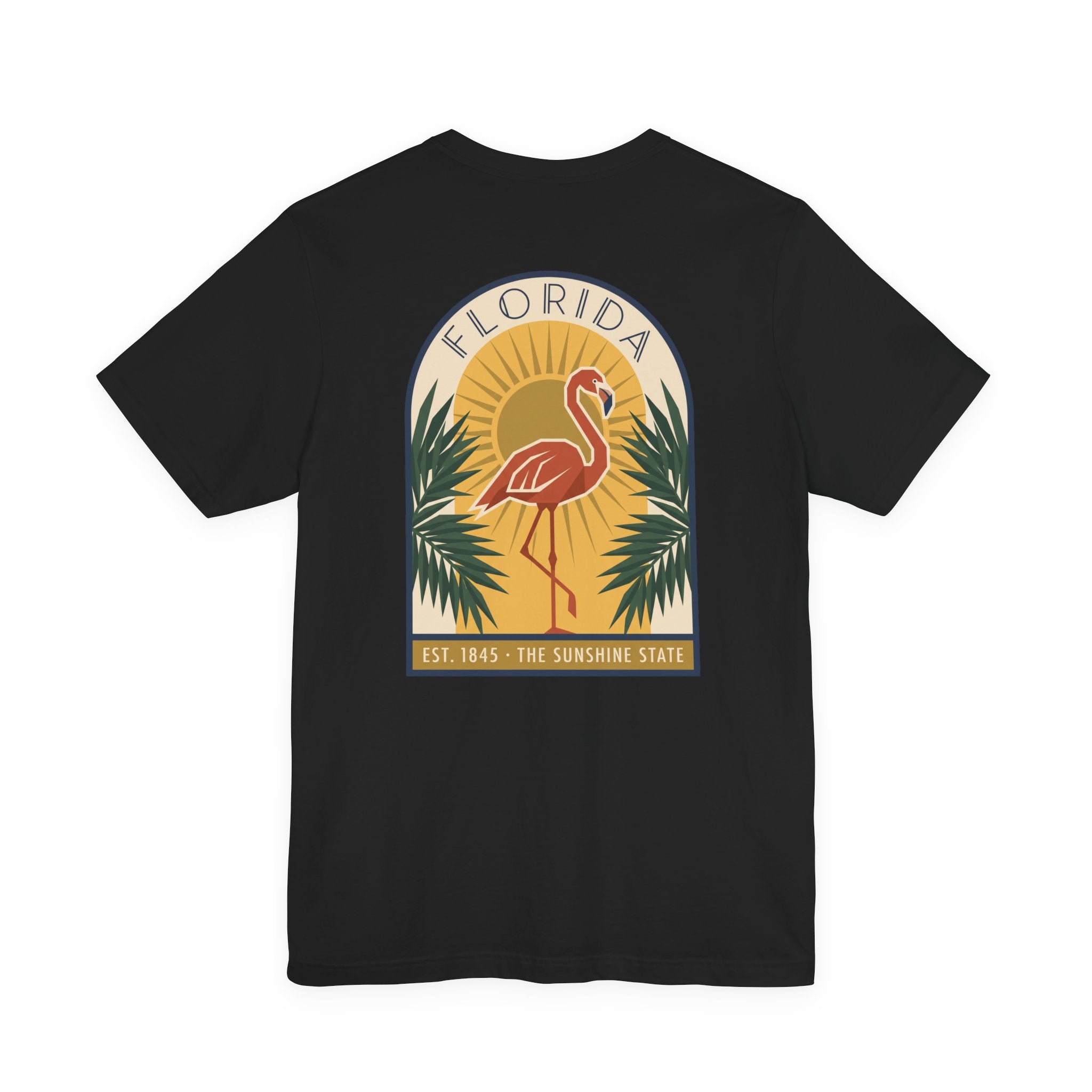 Black flamingo art deco T-shirt with Florida badge and palm graphic