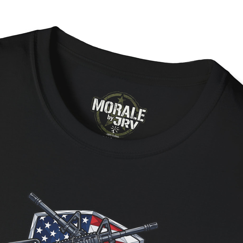 Black t-shirt close-up: “MORALE by TRK” neck logo and patriotic rifle graphic