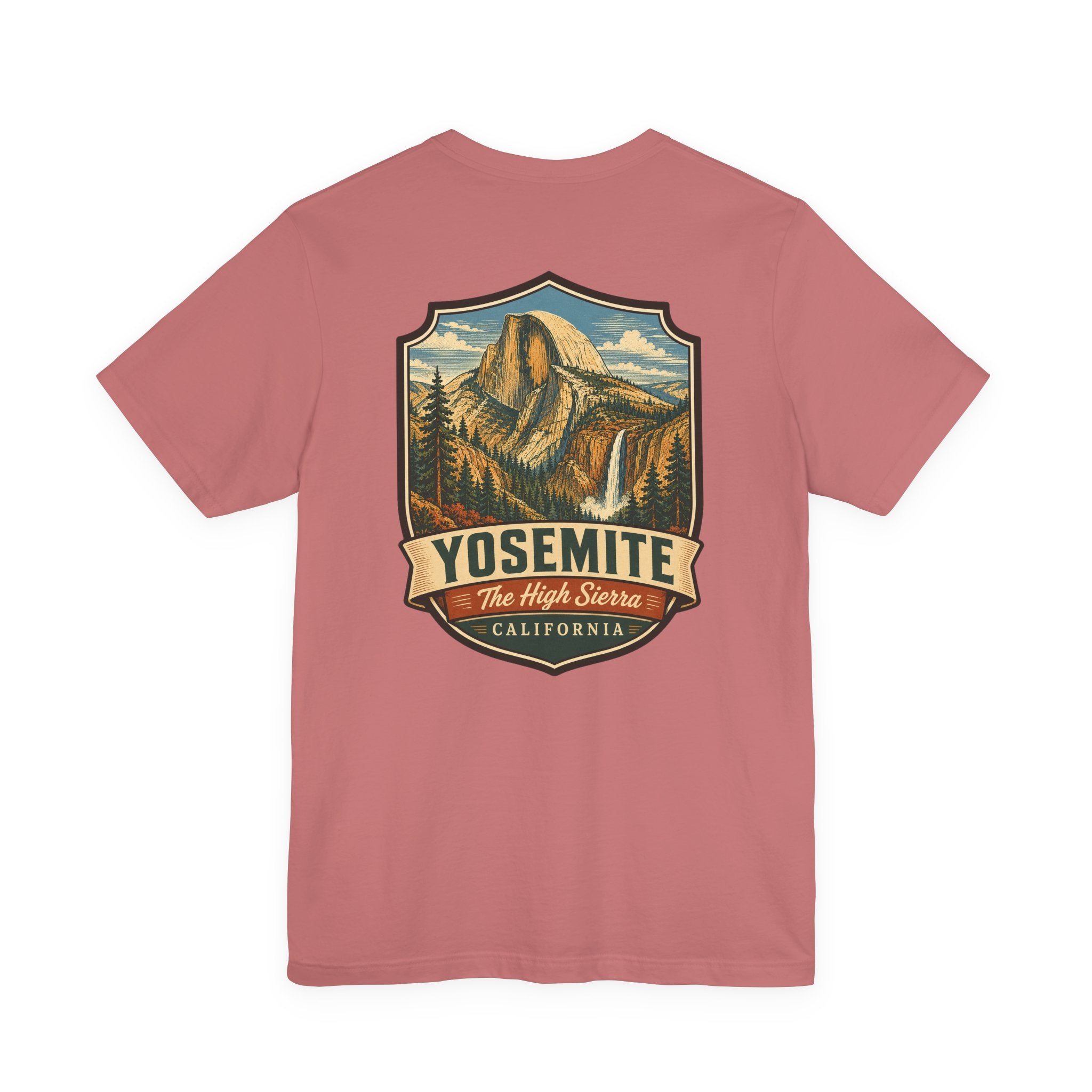 Maroon Yosemite graphic T-shirt with mountain shield logo and “The High Sierra”