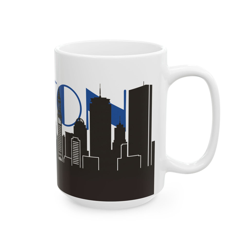White ceramic mug with blue skyline lettering and black city skyline silhouette