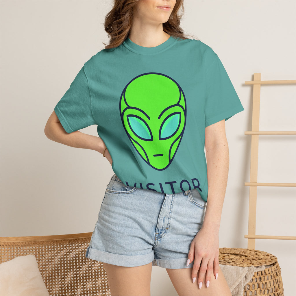 Teal T-shirt with neon alien face graphic