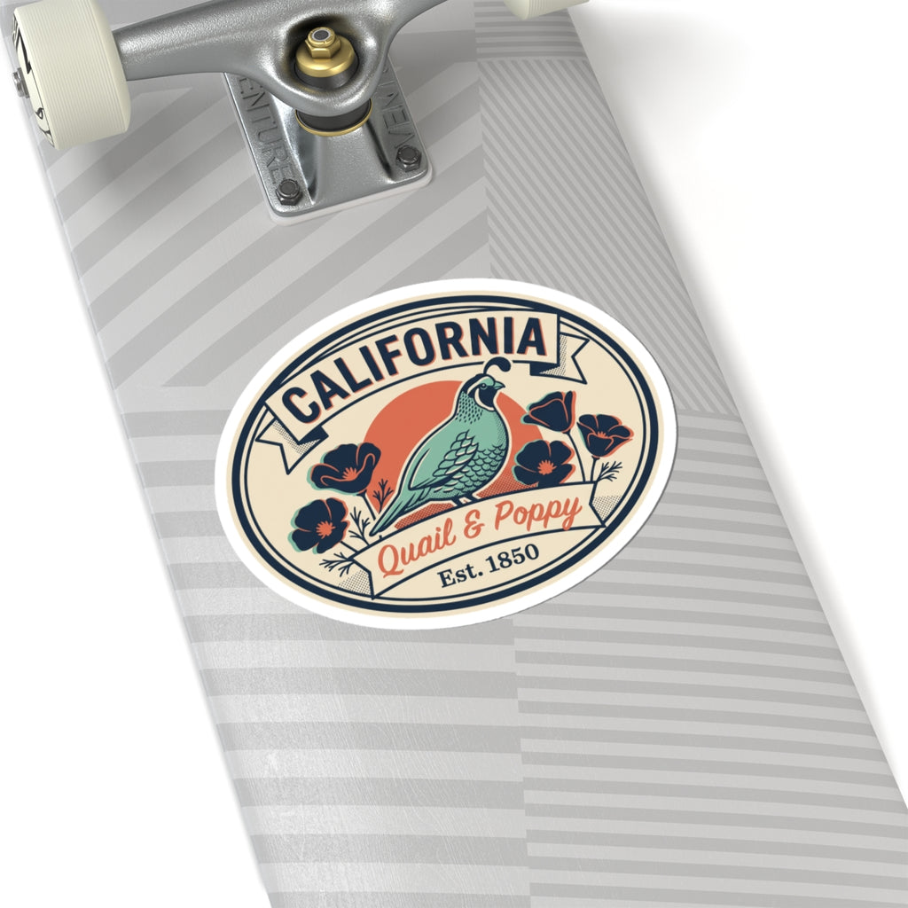 California oval sticker with quail and poppies on a light gray striped surface