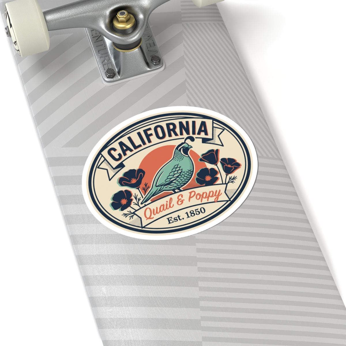 California oval sticker with quail and poppies on a light gray striped surface