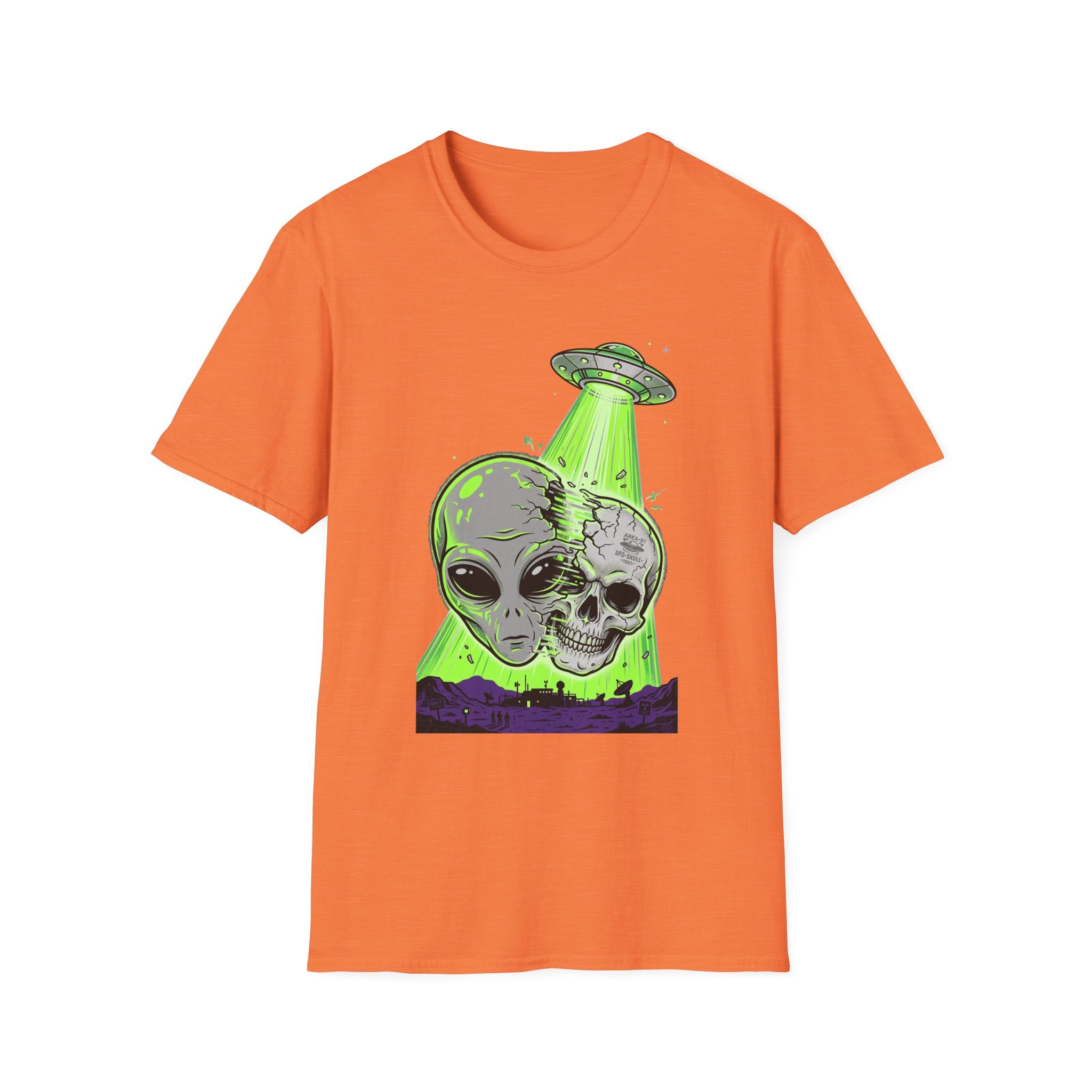 Alien & Skull T-Shirt, UFO tractor beam skull graphic on orange tee