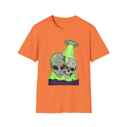 Alien & Skull T-Shirt, UFO tractor beam skull graphic on orange tee