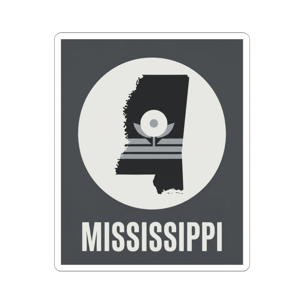 Mississippi silhouette sticker with circular icon and “MISSISSIPPI” lettering