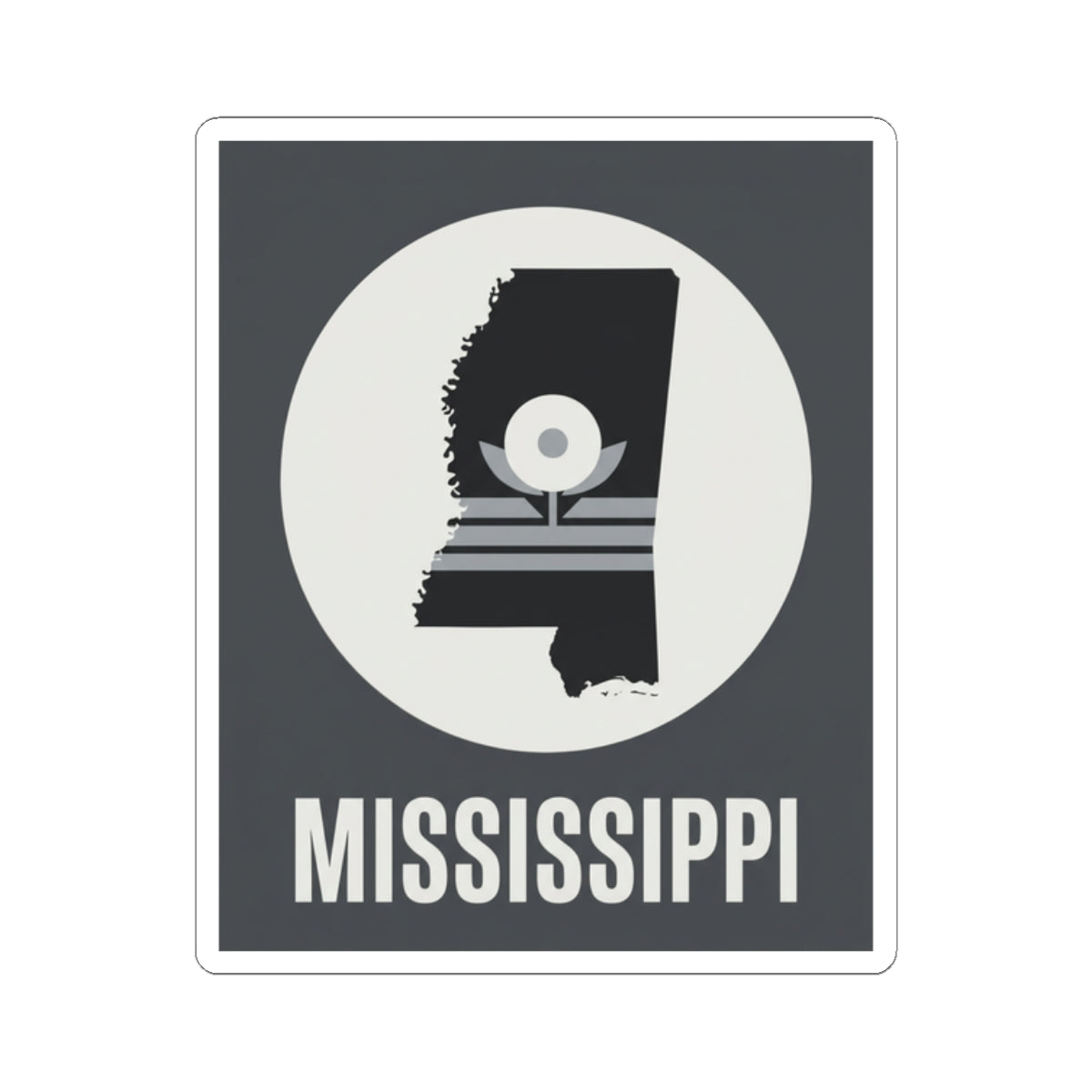 Mississippi silhouette sticker with circular icon and “MISSISSIPPI” lettering