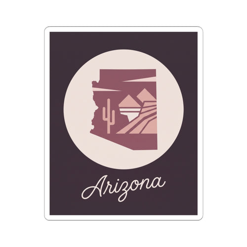 Arizona state silhouette mauve vinyl sticker in cream circle with cursive 'Arizona'
