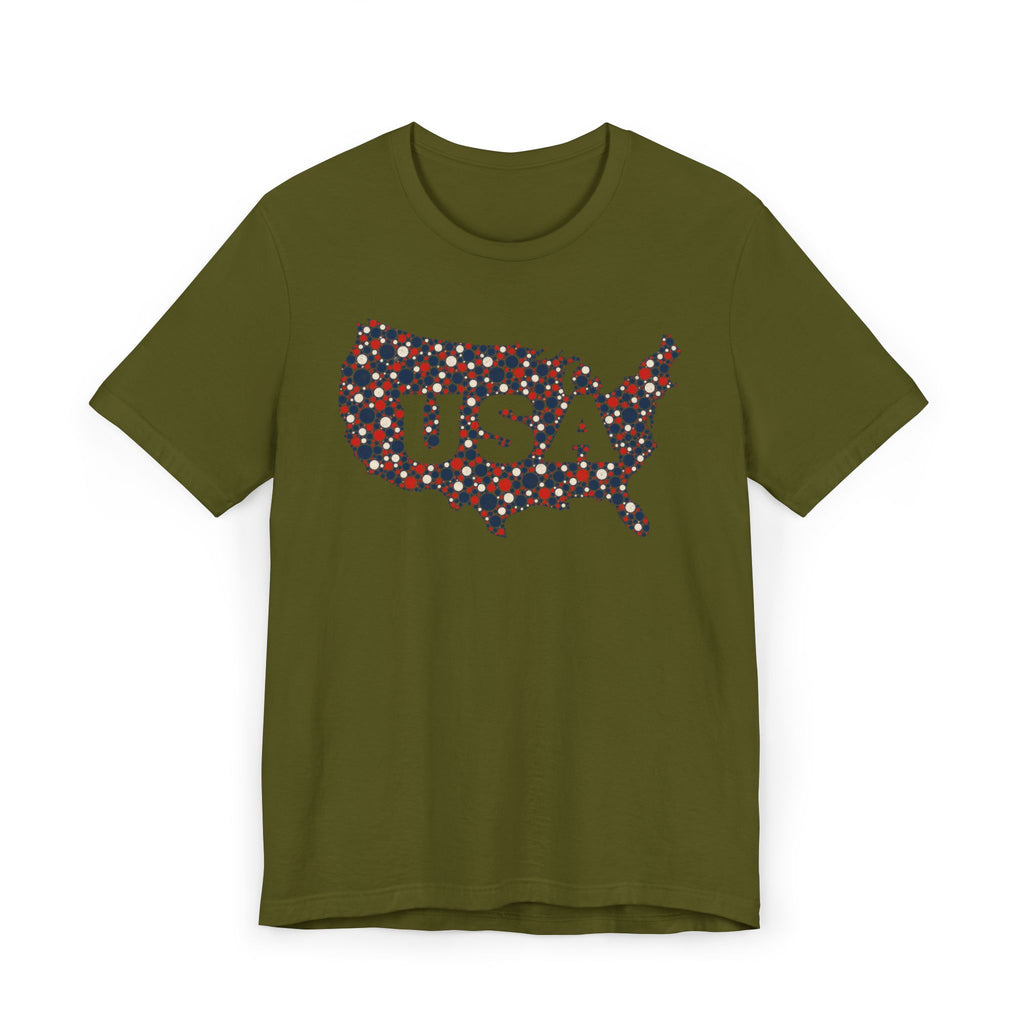 Olive green T-shirt with colorful floral USA outline graphic and "USA" text