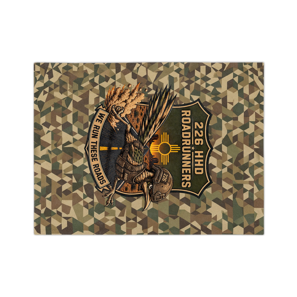 Camo microfiber blanket with side shield patch showing “226 HHD” and vertical Roadrunners text