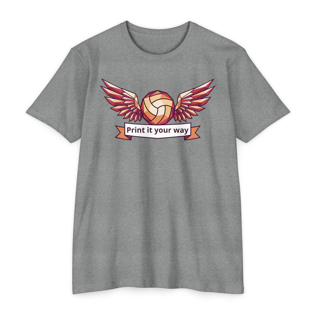 Dark gray unisex volleyball graphic T-shirt with winged ball emblem on front