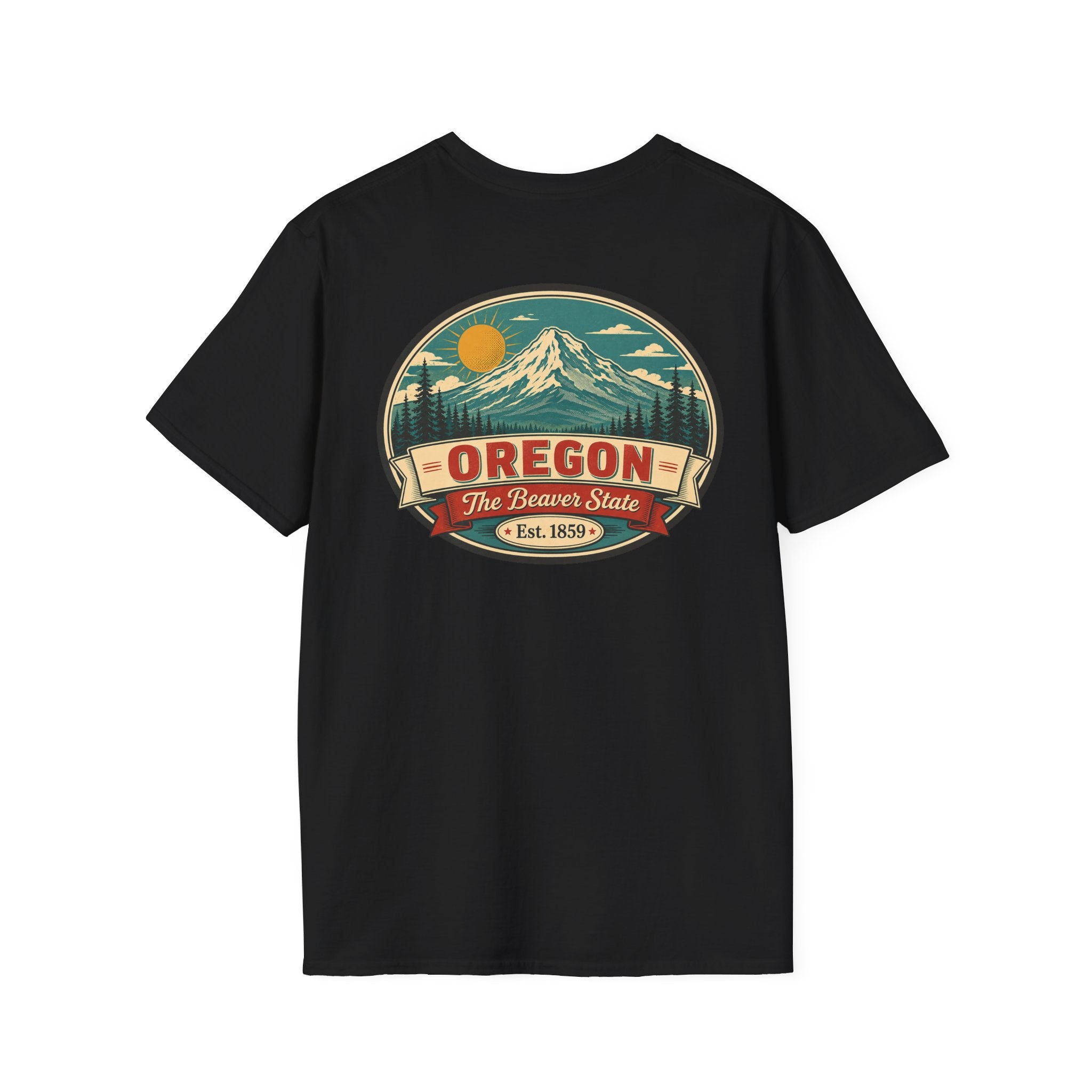 Oregon mountain graphic T-shirt, black crew neck with circular Beaver State logo