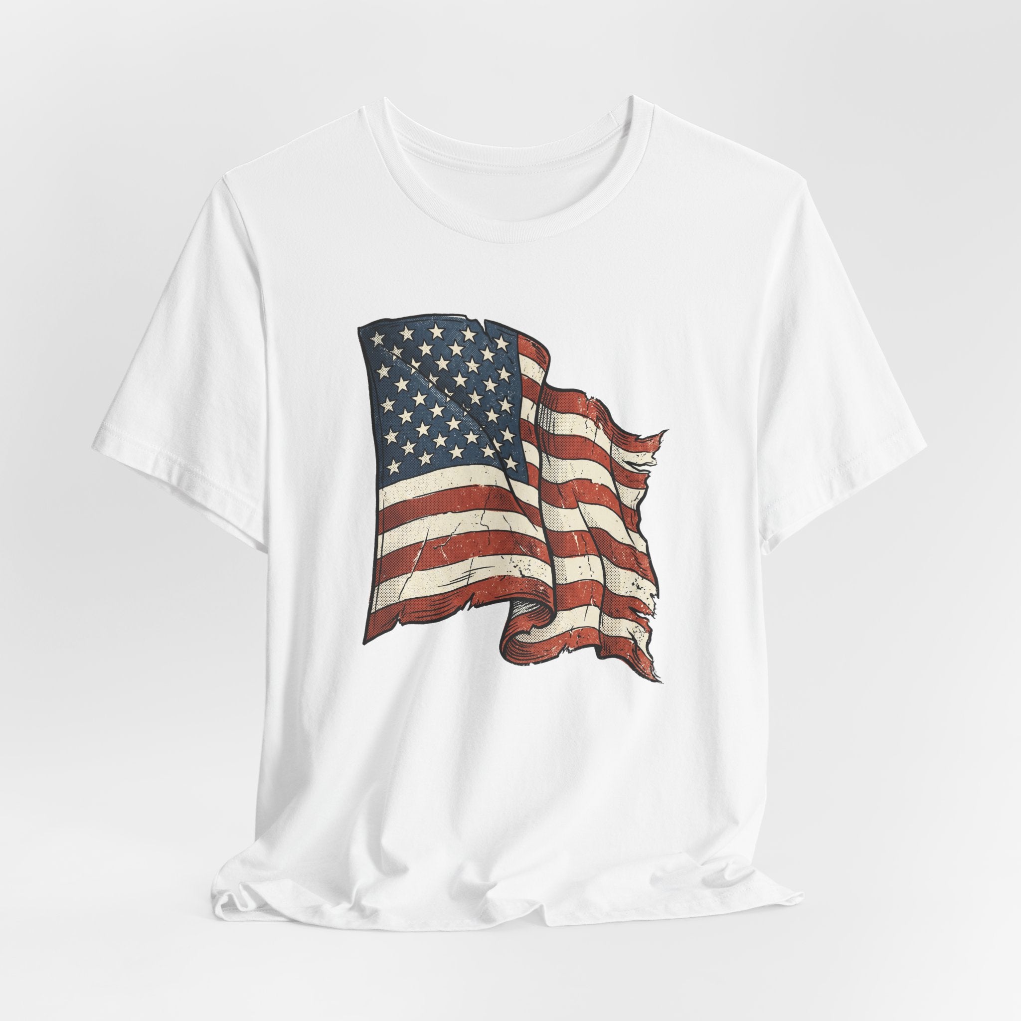 White T-shirt with vintage American flag waving graphic centered on chest