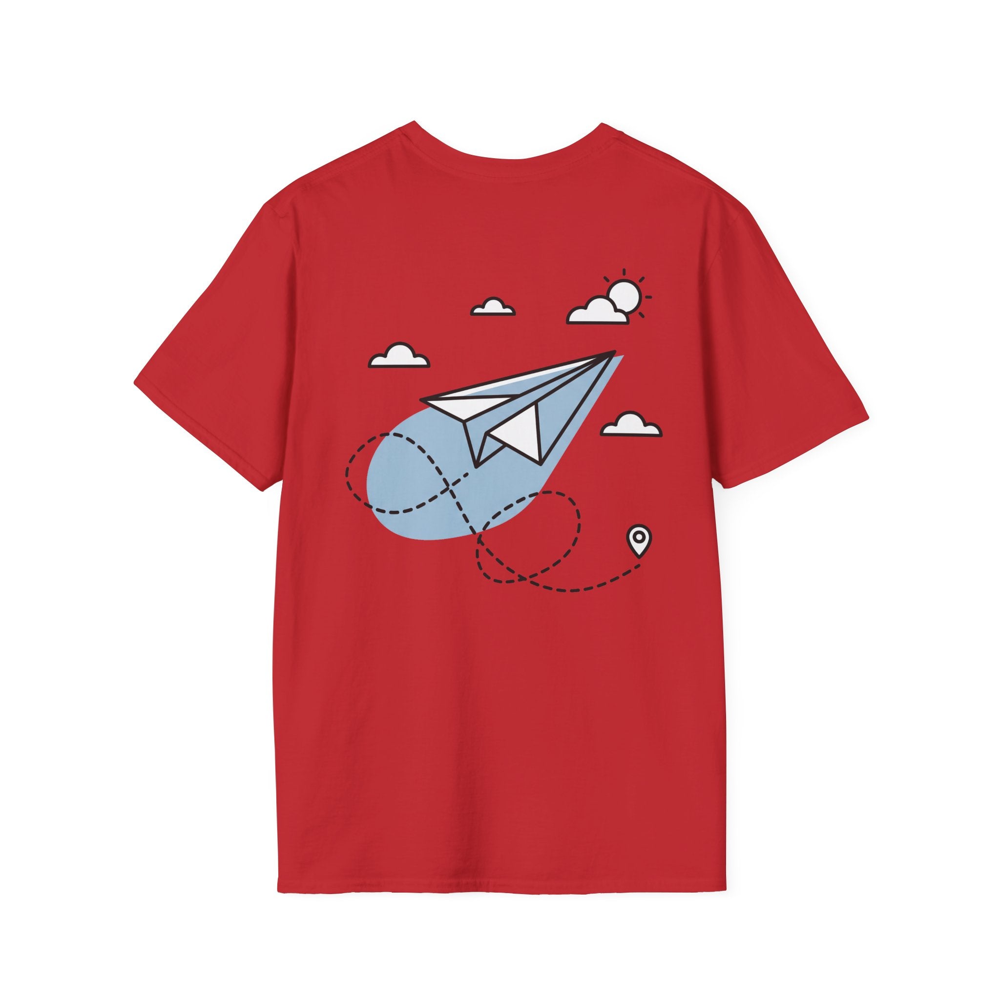 Red T-shirt with paper airplane line art, clouds, and travel pin graphic
