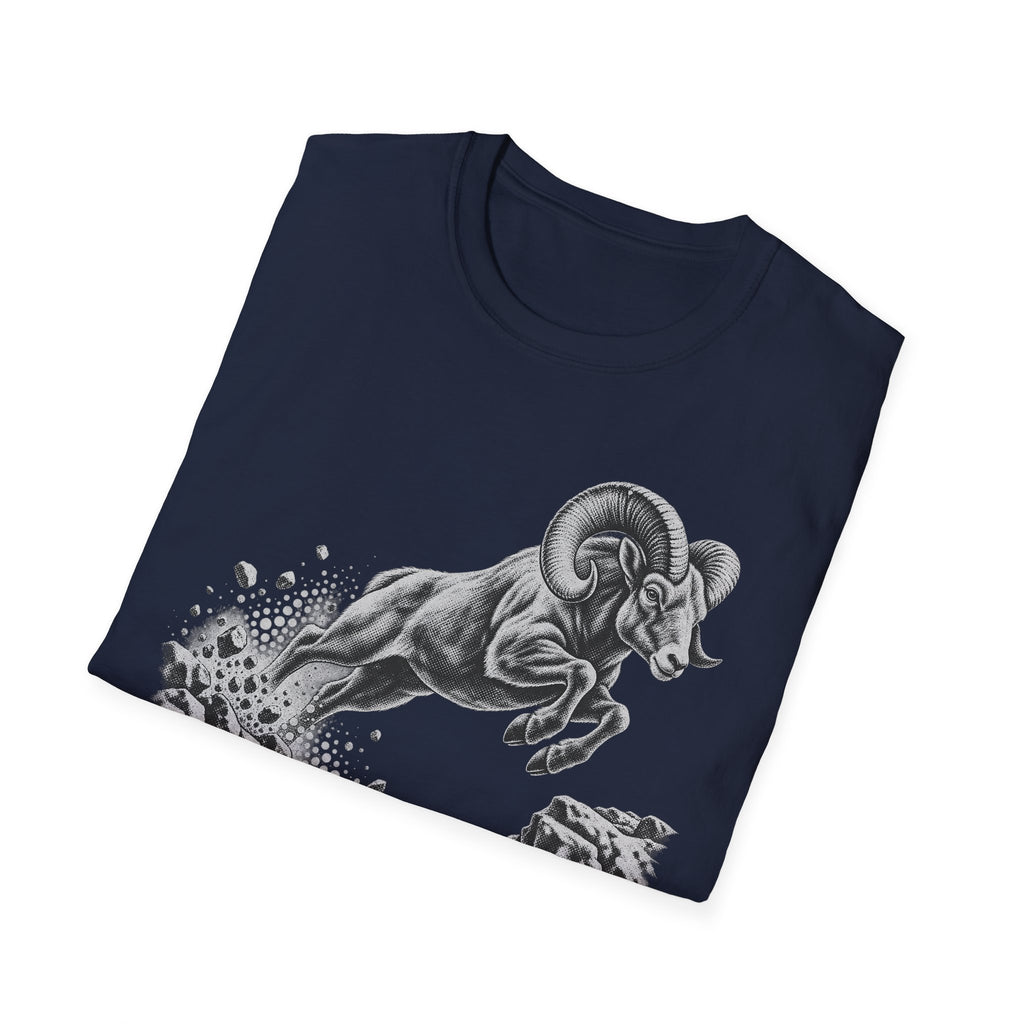 Navy T-shirt with black-and-gray bighorn sheep graphic, crew neck