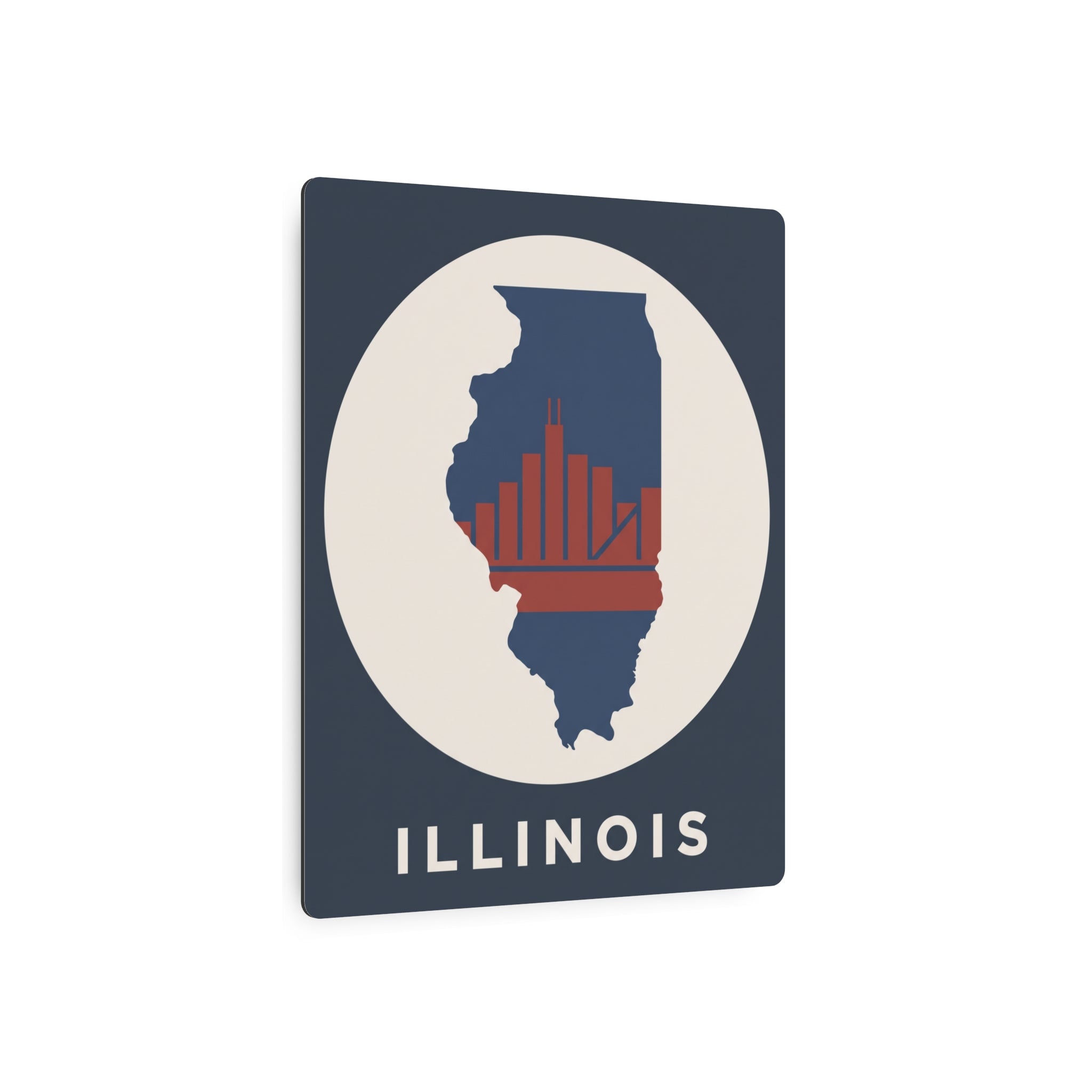 Illinois metal wall art sign with blue square, white circle, red skyline bars, ILLINOIS