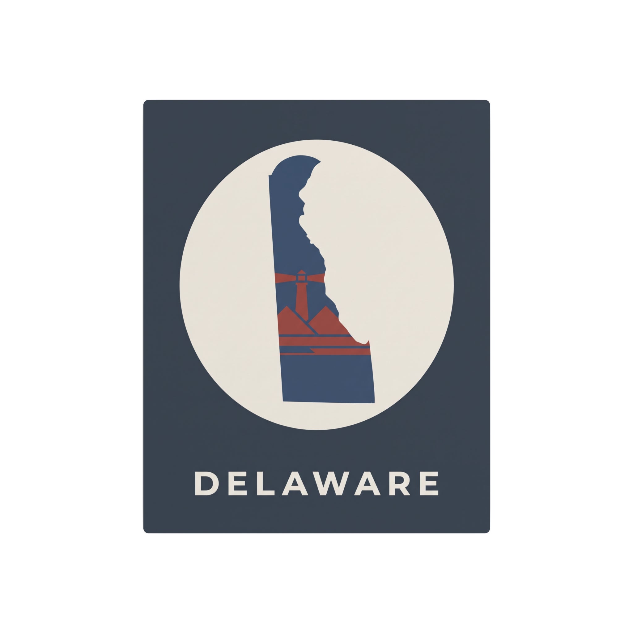 Delaware metal state map art sign showing circular state silhouette and “DELAWARE”