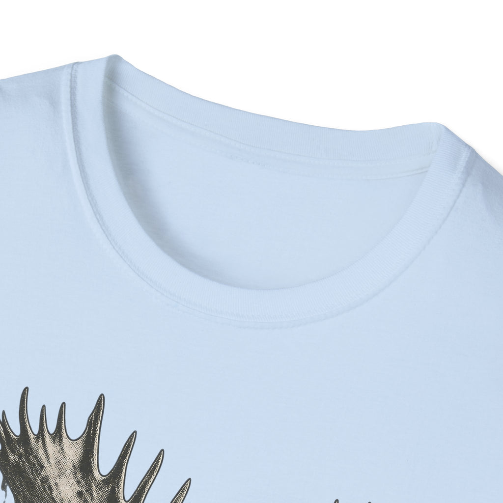Light blue moose graphic T-shirt with crew neck and partial antlers print