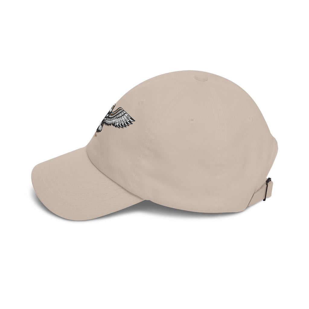Light khaki baseball cap with embroidered eagle on the side and curved brim