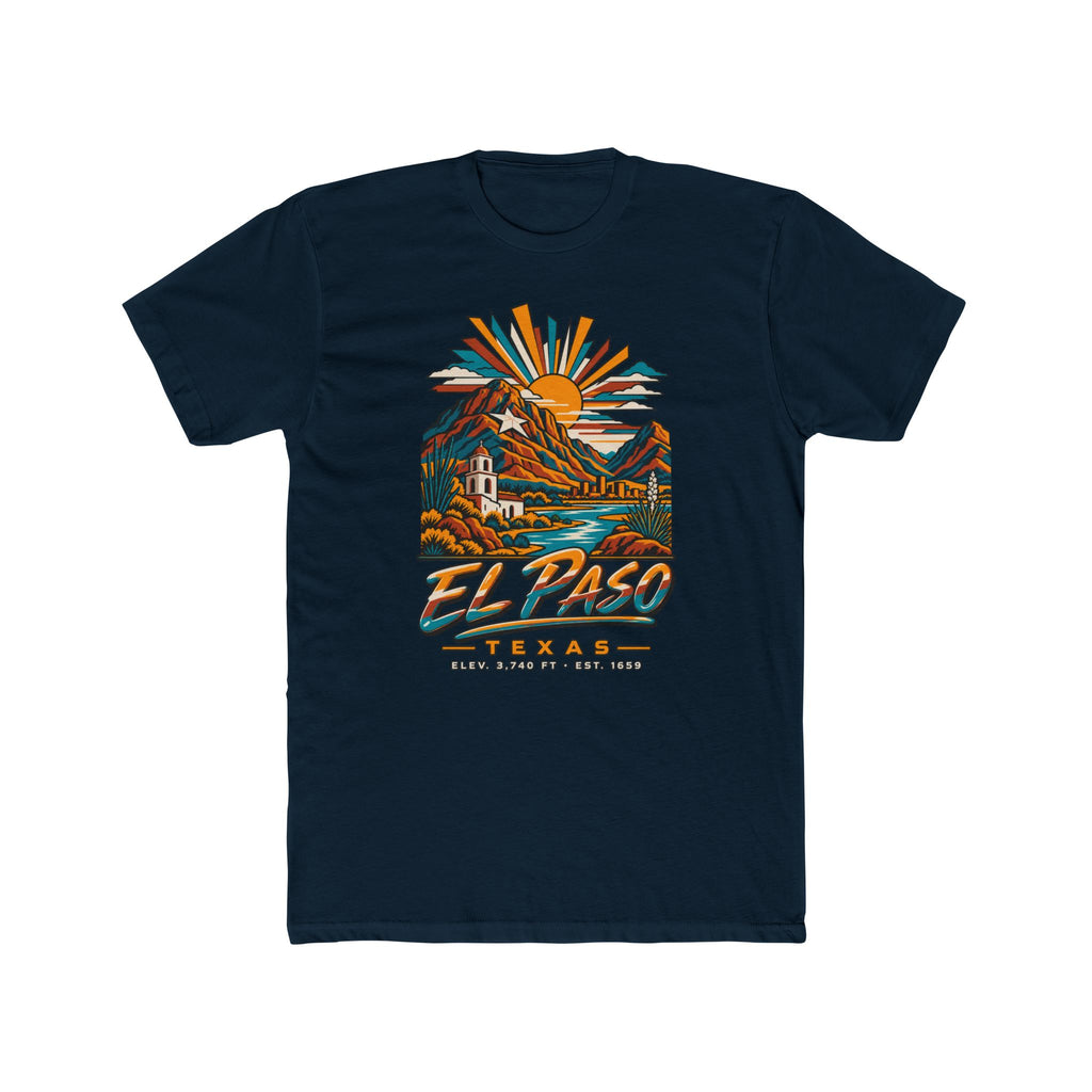 Navy T-shirt with vintage desert mountains, sun rays, and El Paso Texas graphic