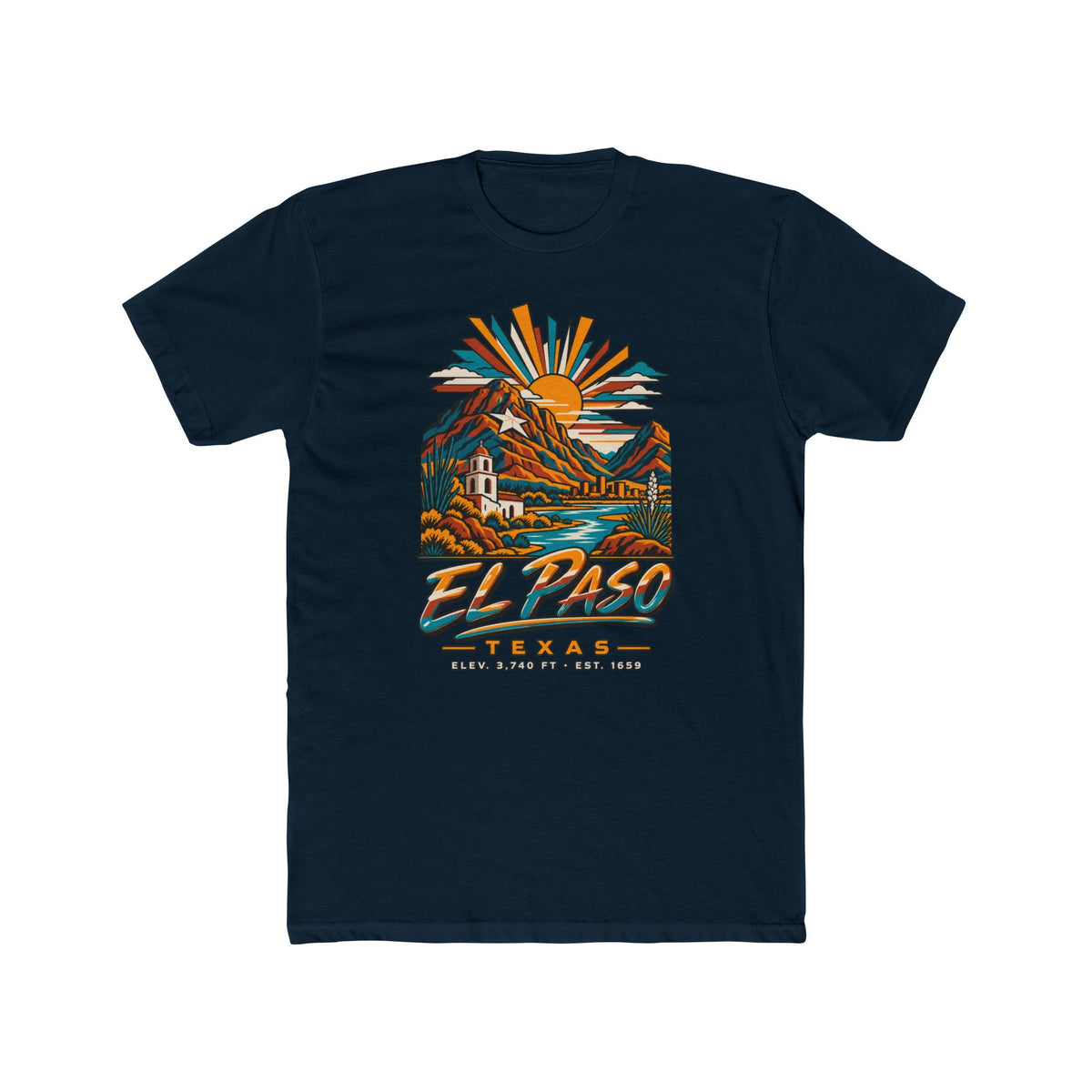 Navy T-shirt with vintage desert mountains, sun rays, and El Paso Texas graphic