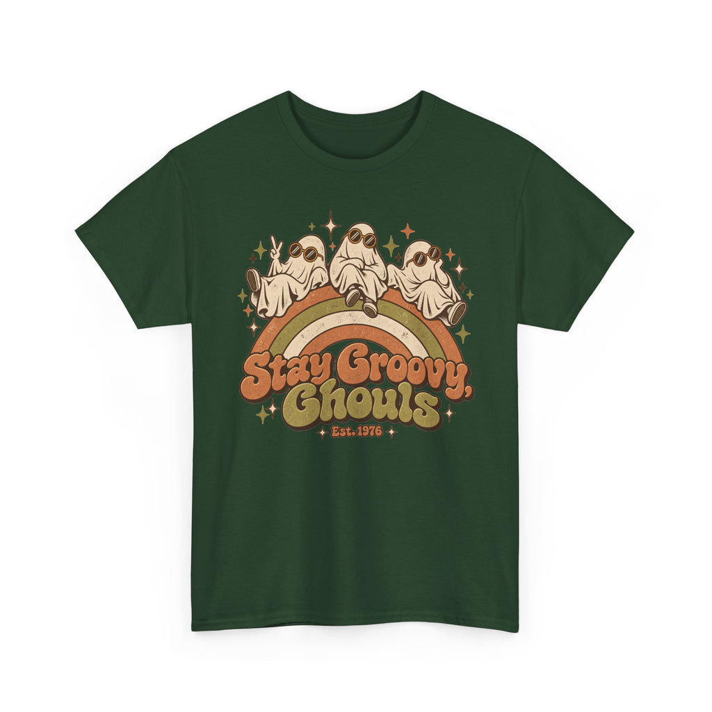 Stay Groovy Ghouls T-Shirt, Retro Rainbow Ghosts in Sunglasses Halloween Shirt for Women and Men, Cute 70s Spooky Tee