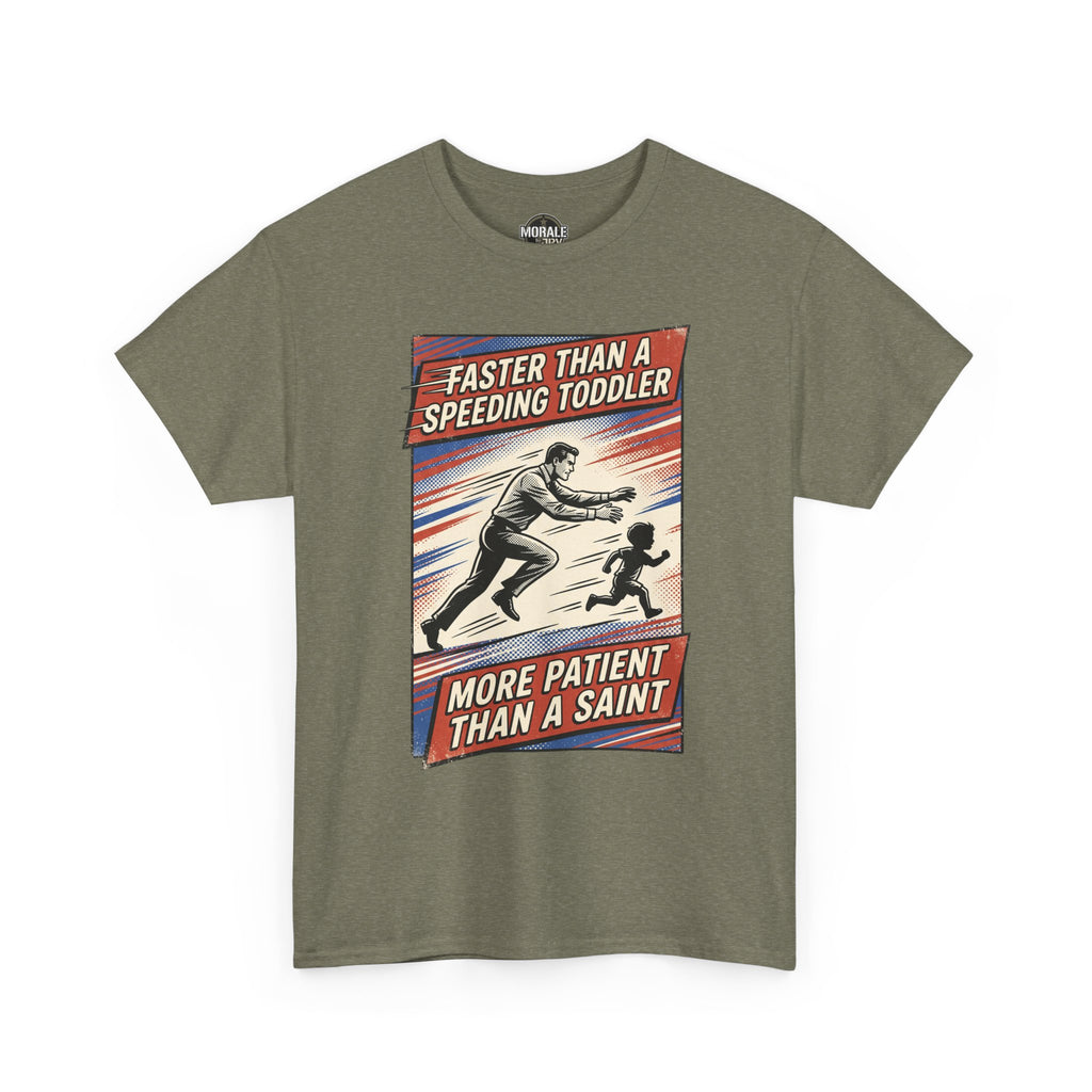 T-shirt vert militaire chiné avec imprimé rétro « Faster Than A Speeding Toddler »