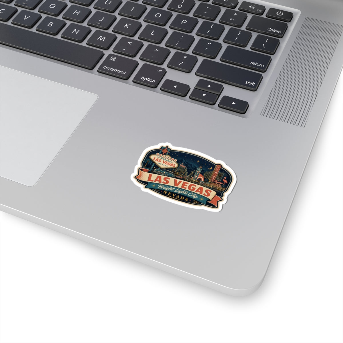 Luggage tag sticker with Las Vegas arch graphic on white background