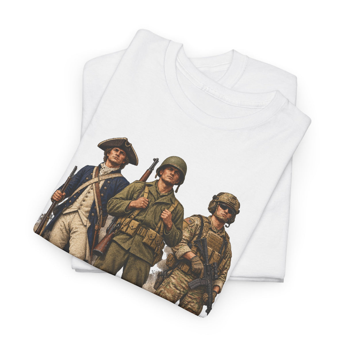 White crewneck T-shirt with vintage soldiers graphic front print.