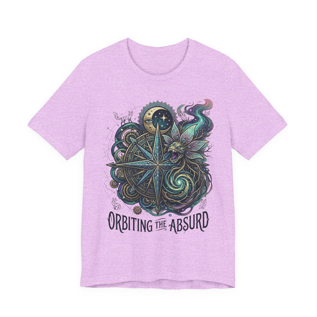 Heather mauve unisex T-shirt with celestial compass and owl artwork, “Orbiting the Absurd”