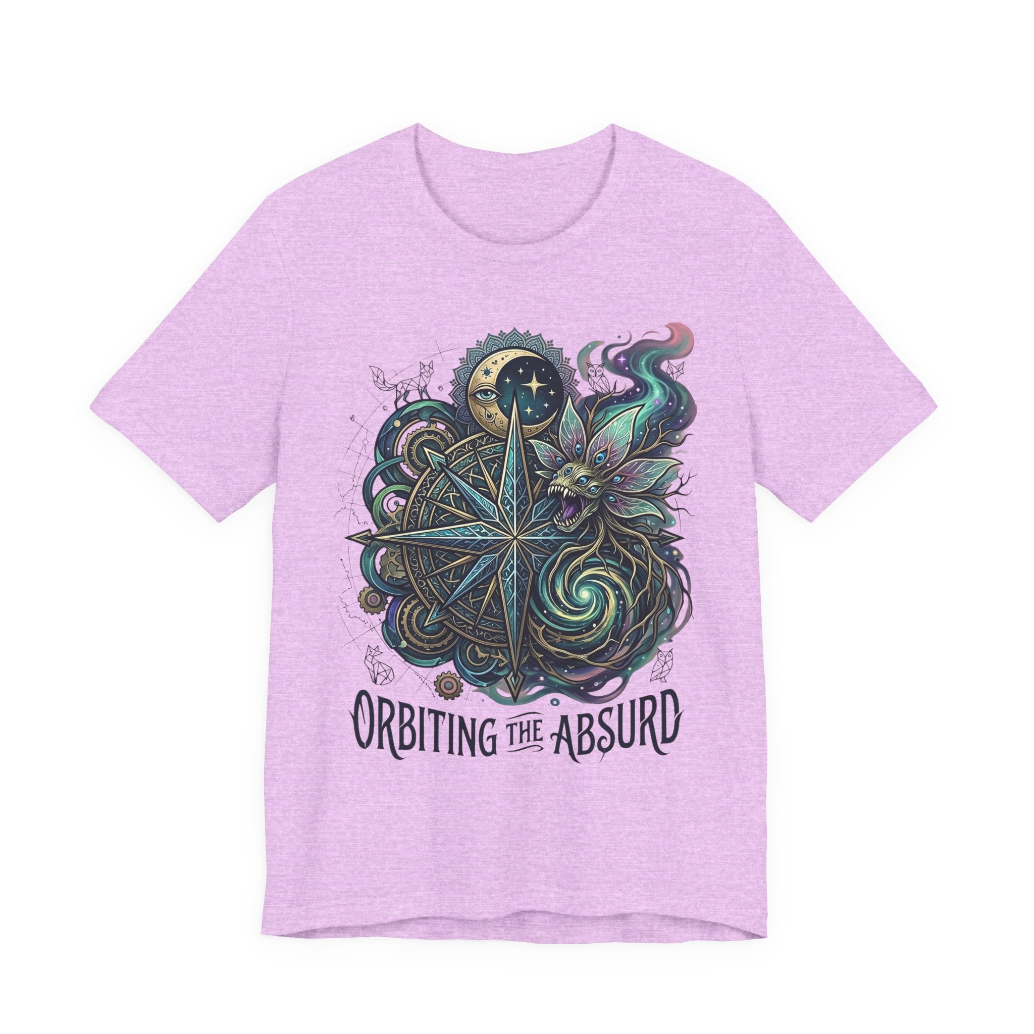 Heather mauve unisex T-shirt with celestial compass and owl artwork, “Orbiting the Absurd”