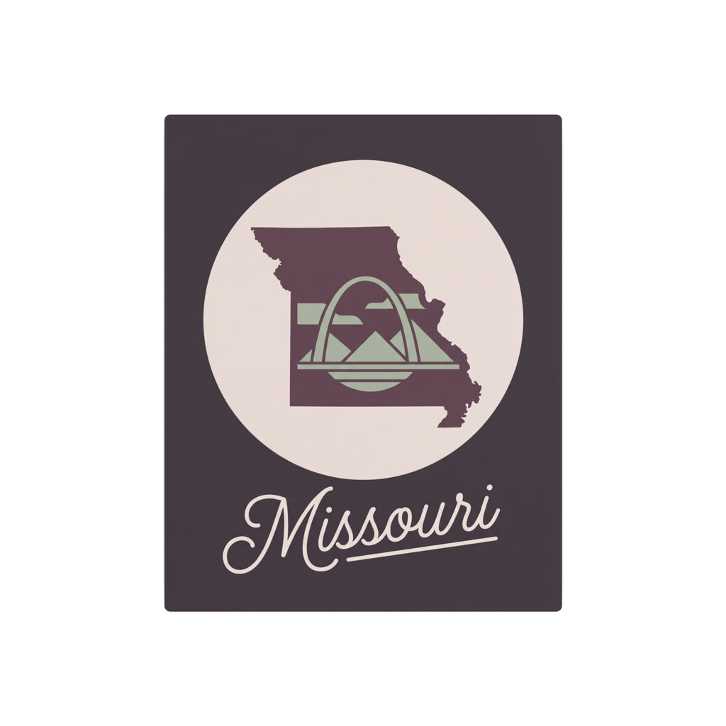 Mauve square metal wall art featuring Missouri silhouette inside a circle with script "Missouri"