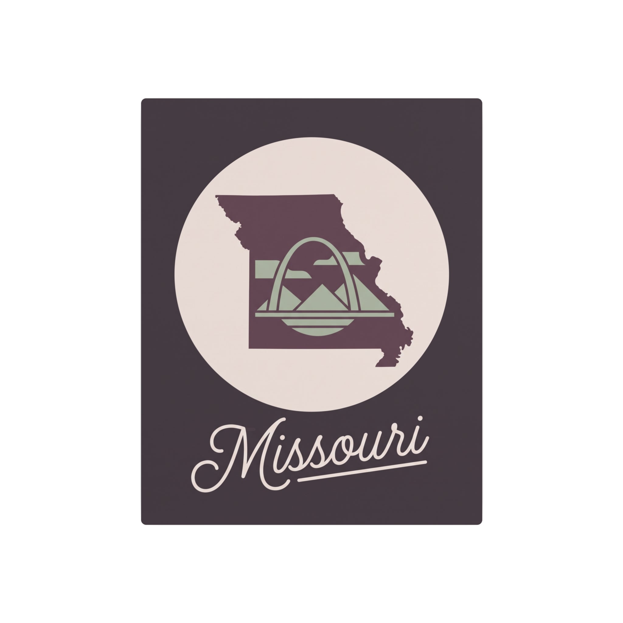 Mauve square metal wall art featuring Missouri silhouette inside a circle with script "Missouri"