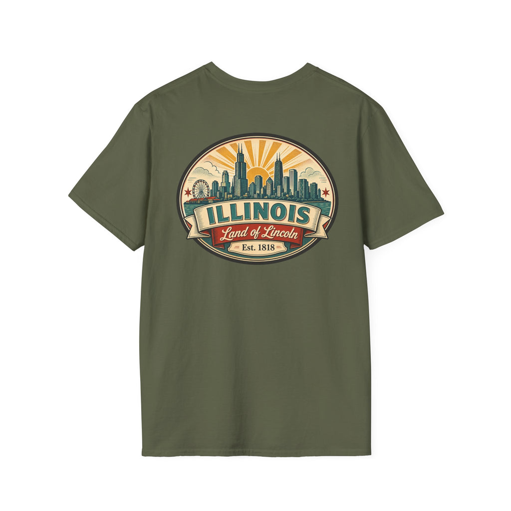 Military green T-shirt with circular Illinois skyline badge, Est. 1818